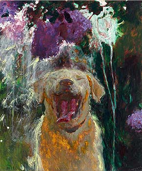 Dog under Lilacs in a Downpour - Jamie Wyeth print dogs, flowers, chadds ford, labrador retriever